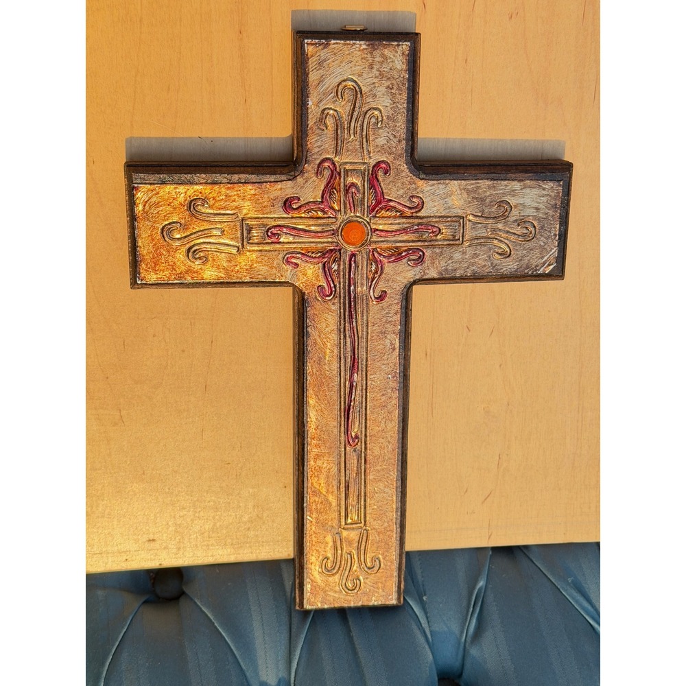 Vintage decorative guilt, wood, and resin religious wall cross 12x9